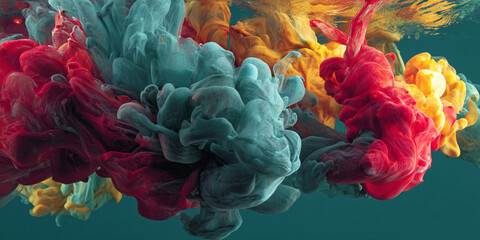Fototapete - Abstract image of teal, red, and yellow ink swirling underwater, creating a dynamic and colorful composition, showcasing fluidity and vibrant hues