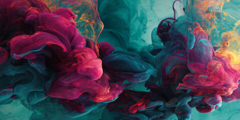 Fototapete - Abstract image of swirling teal, crimson, and gold inks in water, creating a dynamic, vibrant composition, showcasing fluidity and artistic expression