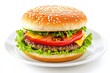 © Tunsale - Hamburger on plate, isolated, white background. AI generated illustration.