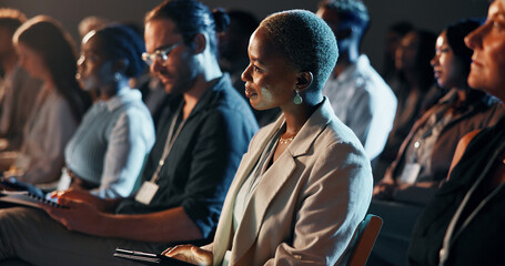 Poster - Listening, night and business woman at conference for tech seminar, app launch and quantum computing technology. Innovation, learning and workshop panel with people or audience at expo for ai forum