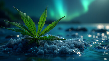 cosmic tidepool leaves. stardust veins swirl in celestial brine under northern lights.