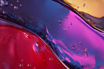 Fototapete - Abstract image of red, purple, and blue liquid with air bubbles, creating a flowing, dynamic design, showcasing vibrant color and texture, ideal for design backgrounds