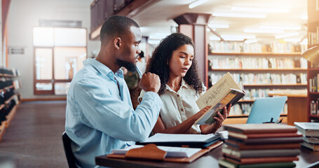 Poster - University, books and people in library reading for online research, information and studying for project. College, students and man and woman with laptop for education, knowledge and learning