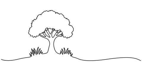 Fototapete - Continuous one line drawing of tree on white background. Vector illustration, Tree in continuous line art drawing style. Giant and powerful tree black linear design isolated. Christmas tree one.