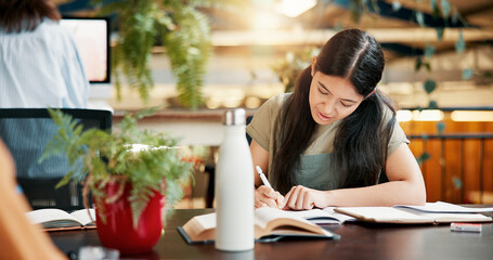 Poster - Library, writing notes and woman learning in university for knowledge, assignment research or thesis. Book, college and serious student study for exam, education or test preparation for scholarship