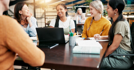 Poster - Happy people, students or meeting with laptop for group project, discussion or collaboration. College, friends or team with smile, documents or technology for planning assignment, tasks or delegation