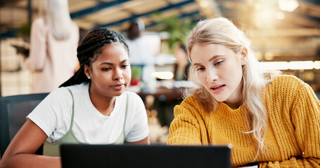 Leinwandbilder - Education, students and team with laptop, studying and discussion for assignment in classroom or online. Knowledge, digital and women with tech for exam, web and people with scholarship in university