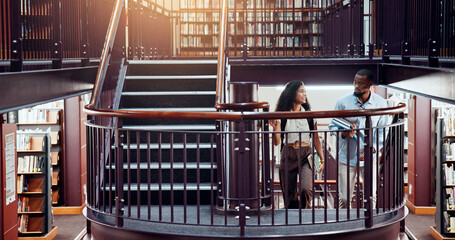 Poster - University, students and library stairs with study for information, learning or knowledge for academic citation. Book session, friends and education with research, scholarship and walking people