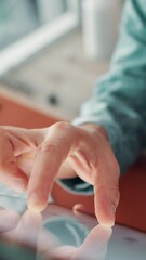 Poster - Hands, tablet and business person scroll online, research or compliance officer check email. Closeup, digital technology and worker with touchscreen for regulations, review policy or report in office