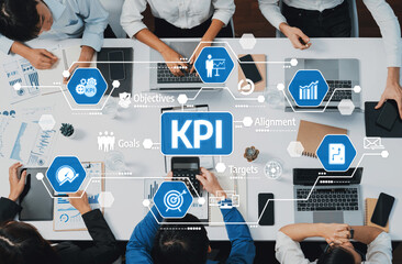 Aufkleber - Top view analyst team utilizing BI Fintech to analyze financial data at table in meeting room. Analytic BI dashboard power on paper for business insight and strategic marketing planning. Prudent Amity