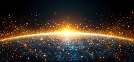 Global network sunrise; digital earth, space background; tech concept