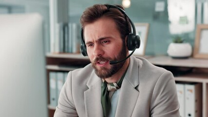 Poster - Business man, headset and call center for talk at office, contact or insight with legal consulting. Person, microphone and headphones for conversation, voip or customer support for advice at agency