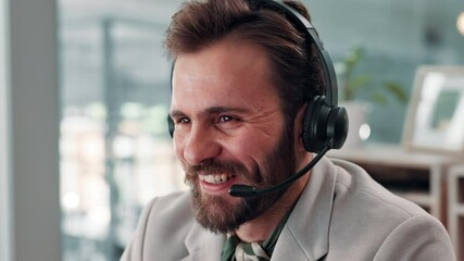 Poster - Business man, headset and smile at call center for talk at office, contact or insight with legal consultation. Person, mic and agent with conversation, voip or customer support for advice at agency