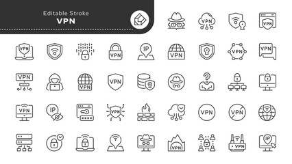vpn line icon set. virtual private, network, secure connection, cybersecurity, anonymity, privacy, i