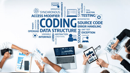 Fototapete - Engaging collaborative coding session on data structure and testing. Features charts, laptop, and diverse tools on a bright workspace ideal for teamwork and education. Amity