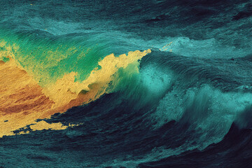 Fototapete - Abstract art depicting textured waves in teal and gold hues, creating a dynamic and energetic visual, showcasing movement and fluidity