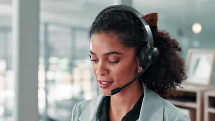 Aufkleber - Happy woman, consultant or talking with headset at call center for communication or online assistance. Female person, agent or business advisor with smile for CRM, advice or virtual help at workplace