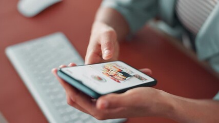 Aufkleber - Person, hands or browsing food menu with phone for order, online delivery or takeaway dinner. Closeup, user or customer scrolling on restaurant website or app with mobile smartphone screen for meal