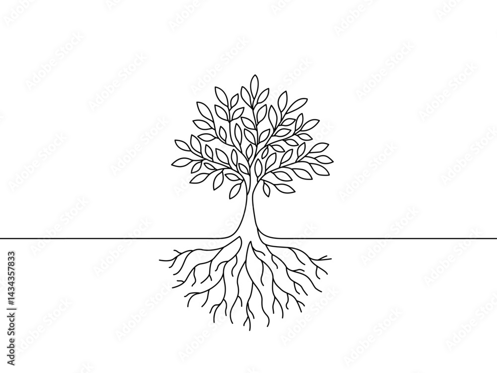 Tree Woith Rots Line Drawing drawing of tree with leaves and big root. continuous one line sketch ...
