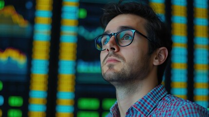 Young developer designing innovative app with dynamic data streams in blue tones, close-up