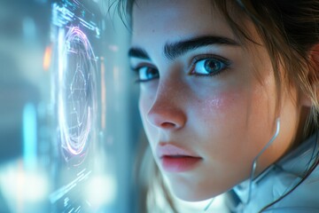 Poster - A young woman's face is illuminated by a futuristic interface, conveying a sense of technological immersion and mystery.
