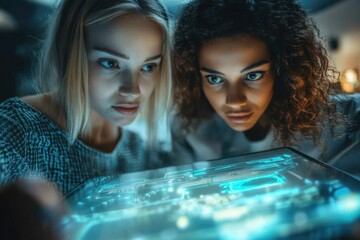Aufkleber - Two young women intently examine a futuristic, glowing digital interface, collaborating on a technological project.