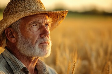 Poster - An elderly farmer contemplates his golden wheat field at sunset, a picture of rural life and hard work.