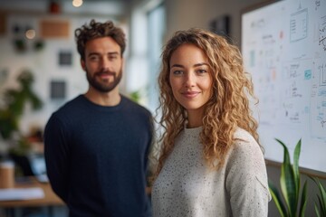 Fototapete - A young woman and man stand confidently in a modern office, showcasing teamwork and success.