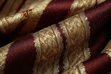 Aufkleber - Luxurious maroon fabric with intricate gold embroidery, showcasing rich texture and elegant design.