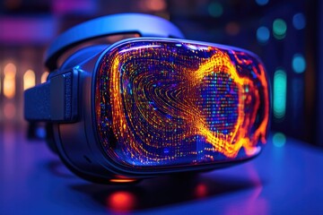 Leinwandbilder - A vibrant VR headset displays an abstract, colorful data visualization, showcasing immersive technology.