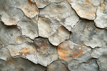 Leinwandbilder - A textured stone surface with deep cracks and crevices, displaying a mix of grey, beige, and rusty orange hues.