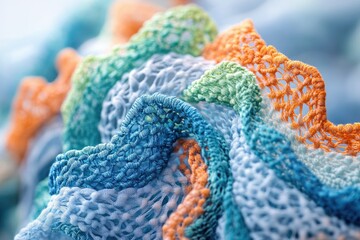 Aufkleber - Close-up of intricately woven, multicolored crocheted fabric in shades of blue, green, and orange.