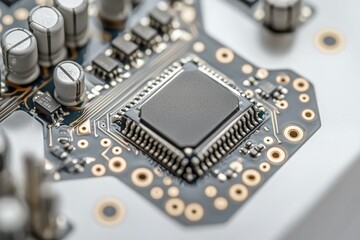 Aufkleber - Close-up of a circuit board showcasing integrated circuits, capacitors, and other electronic components.