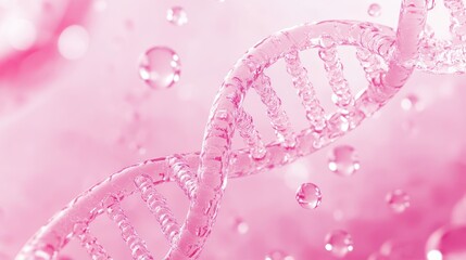Pink DNA strand, water droplets, bokeh background; healthcare