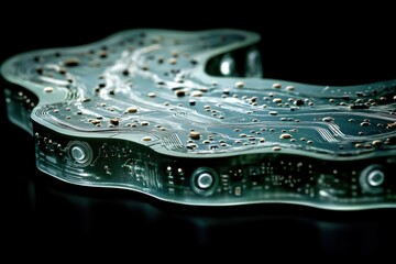 Fototapete - Abstract image of a circuit board with a unique, wavy design, showcasing intricate technological details.