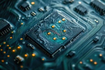 Aufkleber - Close-up of a wet circuit board showcasing intricate electronic components and pathways.
