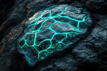 Poster - Glowing teal veins illuminate a dark, textured rock surface, creating a surreal and alien landscape.