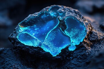 Aufkleber - Glowing blue crystal embedded within a dark, rough rock, creating a striking contrast.