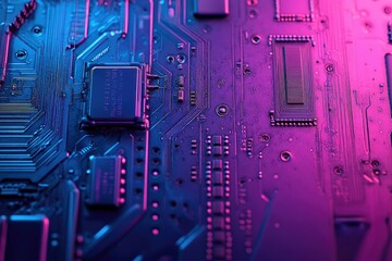 Aufkleber - Close-up view of a circuit board with vibrant pink and blue neon lighting, showcasing intricate electronic components.