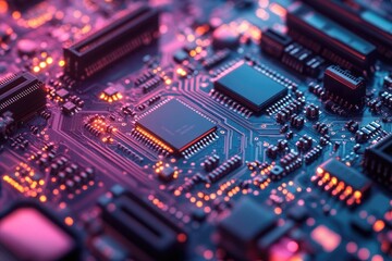 Poster - Close-up of a circuit board with illuminated components, showcasing intricate electronic design and technology.