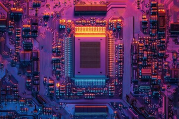 Poster - Close-up of a vibrant purple and orange circuit board with a central processor, showcasing intricate electronic components.