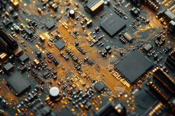 Poster - Close-up of a complex circuit board showcasing intricate electronic components and golden pathways.