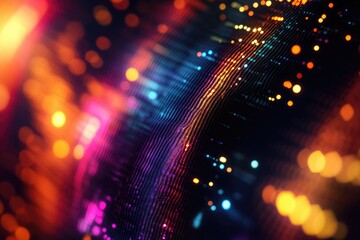 Leinwandbilder - Abstract digital art depicting a vibrant, colorful, wavy particle field with bokeh lights.