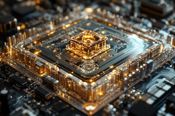 Fototapete - Close-up of a technologically advanced computer processor with glowing circuitry.