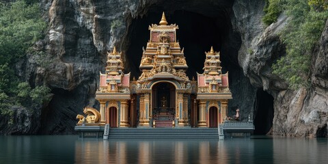 stunning golden temple nestled in a serene cave by the water.