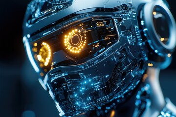 Fototapete - Close-up of a futuristic robot's head, revealing intricate circuitry and glowing lights.