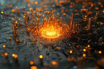 Poster - A futuristic city glowing brightly, nestled within a complex network of circuits, representing technological innovation and interconnectedness.