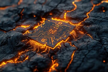 Fototapete - A glowing circuit board embedded in a cracked, volcanic-like surface, symbolizing technological innovation and power.