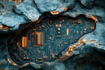 Aufkleber - A glowing circuit board embedded within a rugged, dark stone, symbolizing technological innovation within the natural world.