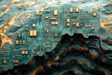 Poster - Circuit board embedded in a textured, gold and teal rock surface, futuristic digital landscape.